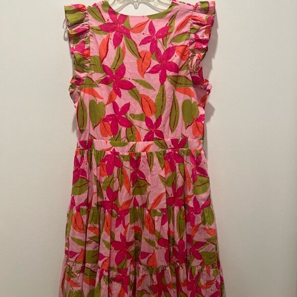 Taylor Lawn Printed Pink Sundress with Flutter Sleeves and V-Neck Large - Picture 9 of 9
